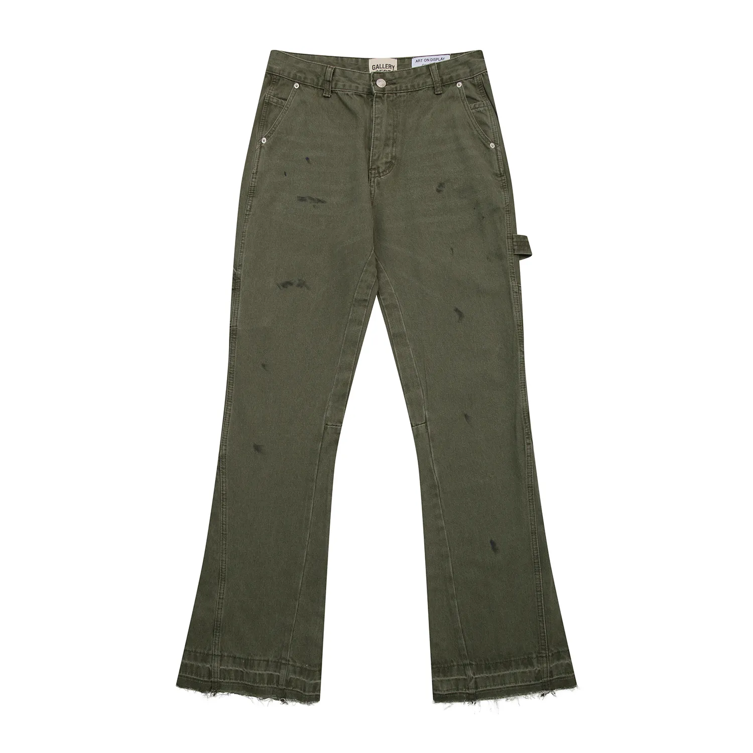 p260 (detail picture) 637#Gallery Dept New style splashed ink and paint washed military green splicing bootcut jeans olive green overalls jeans versatile casual pants washed olive green S~XL